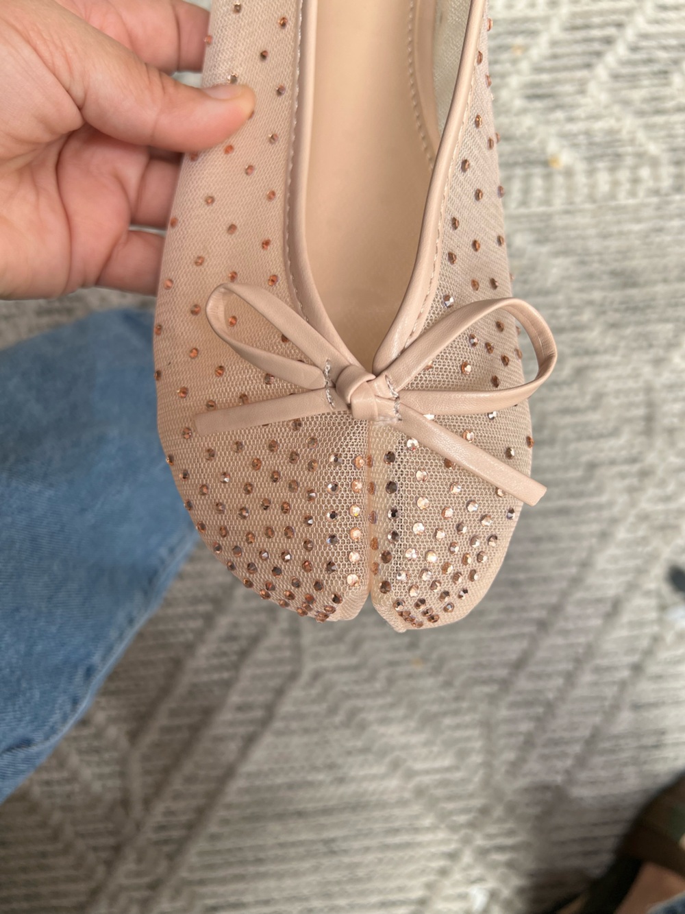 Nude Mesh Tabi Bow with Rhinestone Accents Split Toe Tabis Flat
